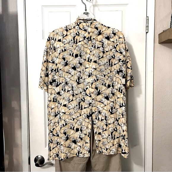 Bull Dog Button Down Short Sleeve Shirt Renate Schuler Raw Silk Yellow Black - Picture 4 of 9